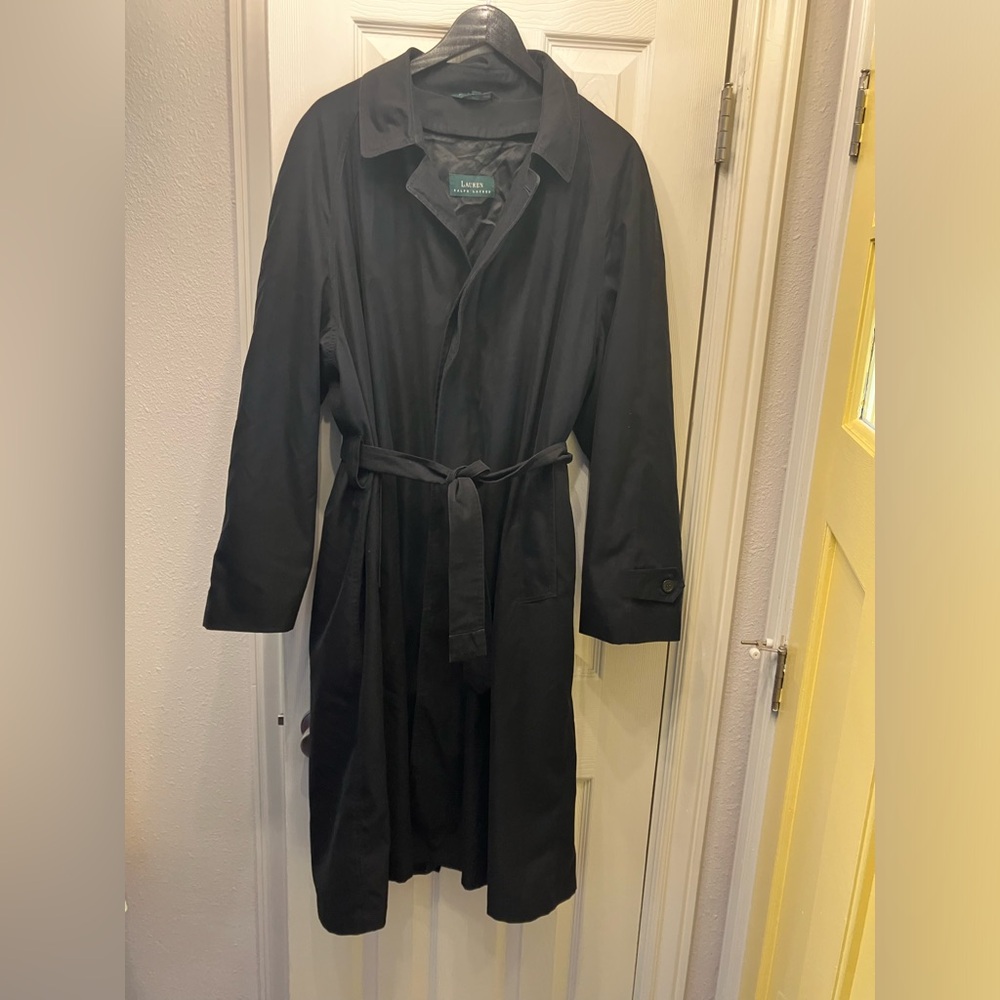 Men’s Classic Ralph Lauren Black Trench Coat Belted Midi Length Wool lining